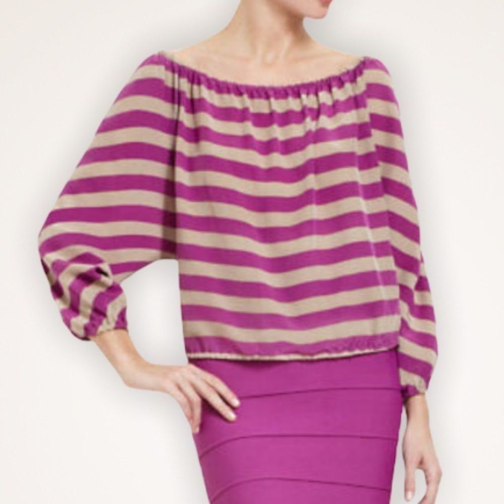 BCBGMAXAZRIA Estella Striped Off The Shoulder Silk Top